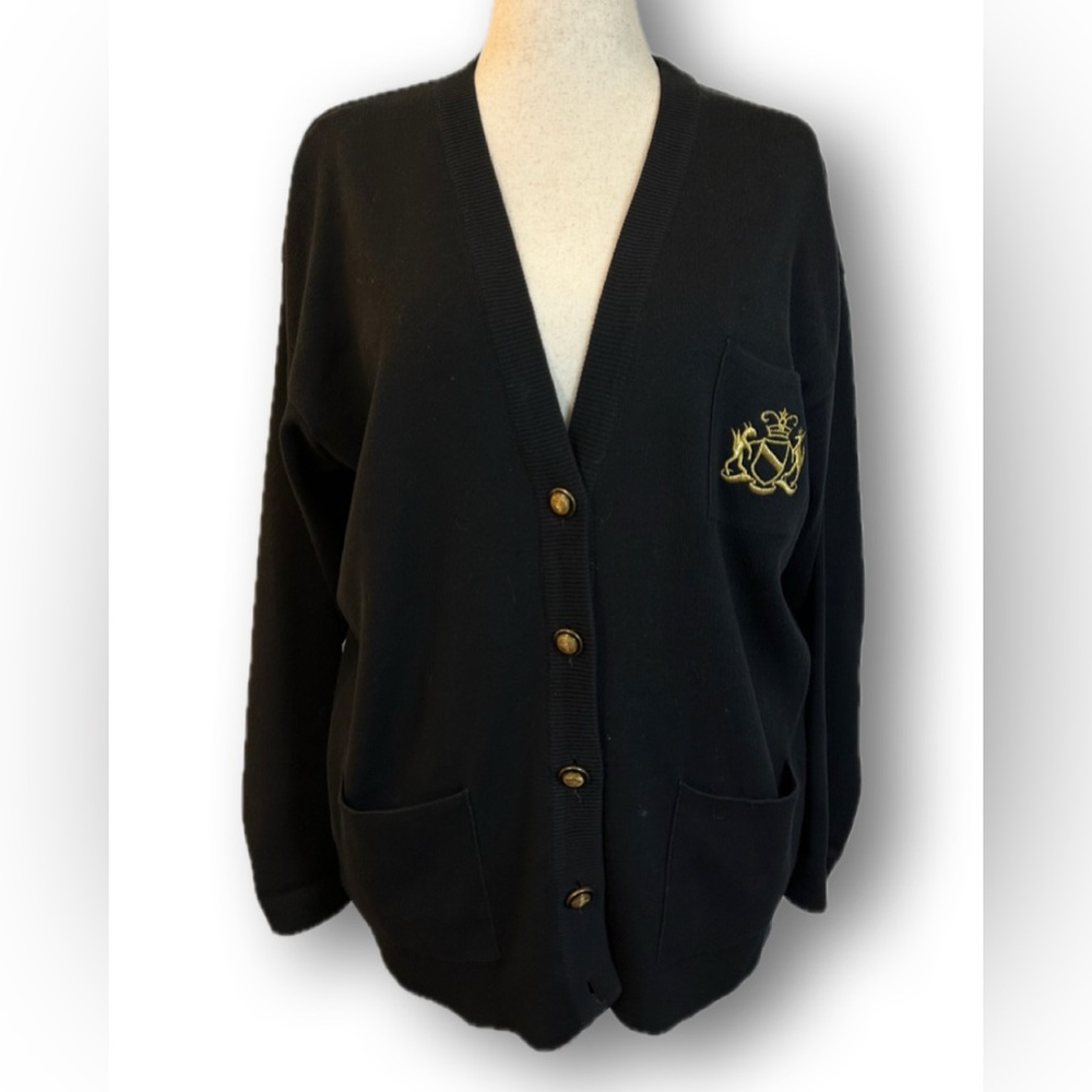 JH Collectibles Vintage Black Cardigan with Gold Embroidery 5 buttons knit prep